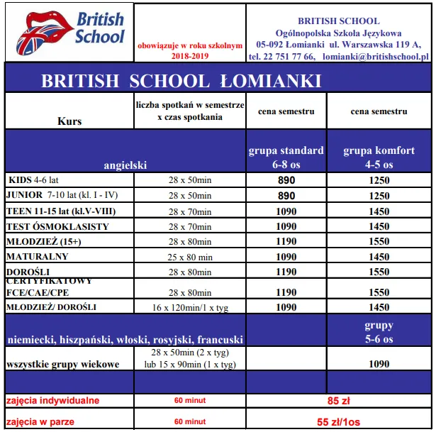 cennik kursu językowego na tablicy