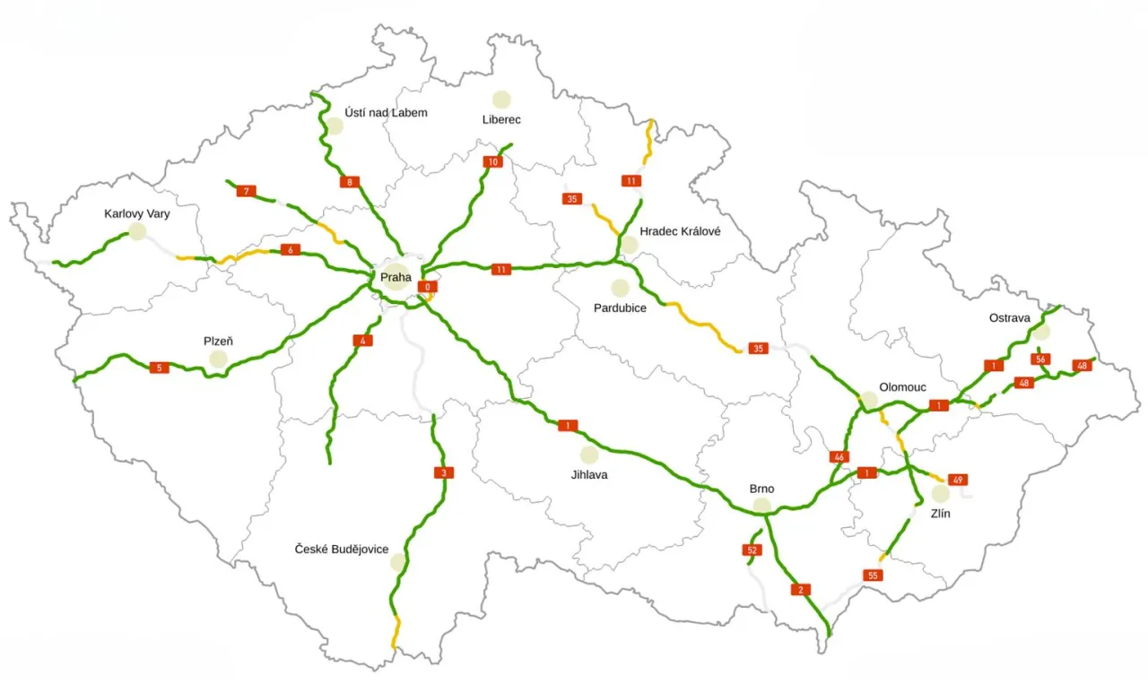 Mapa płatnych autostrad Czechy 2025