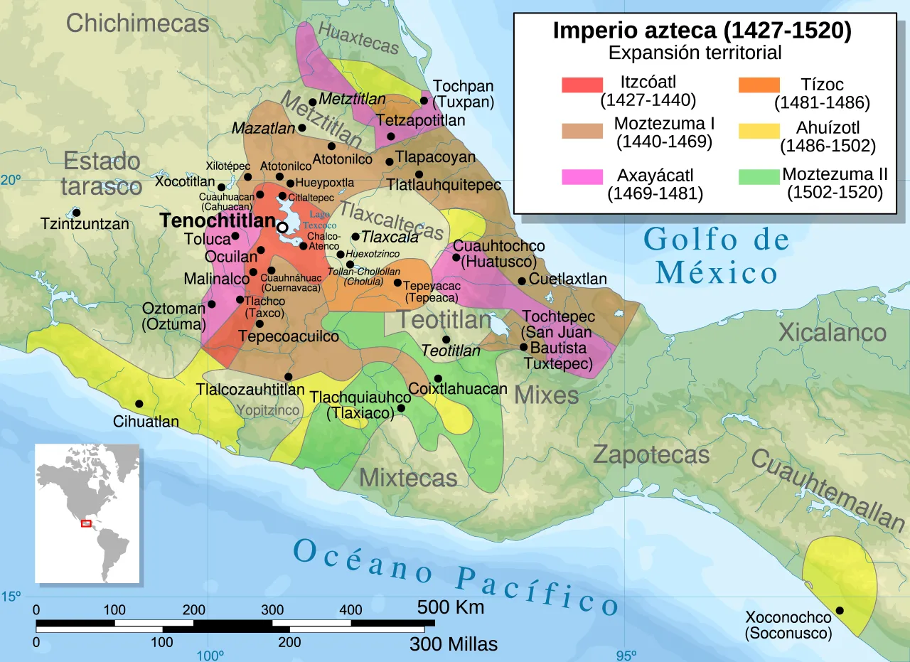 Mapa pokazuje ekspansję Imperium Azteków od 1427 do 1520 roku, z zaznaczonymi podbojami poszczególnych władców.