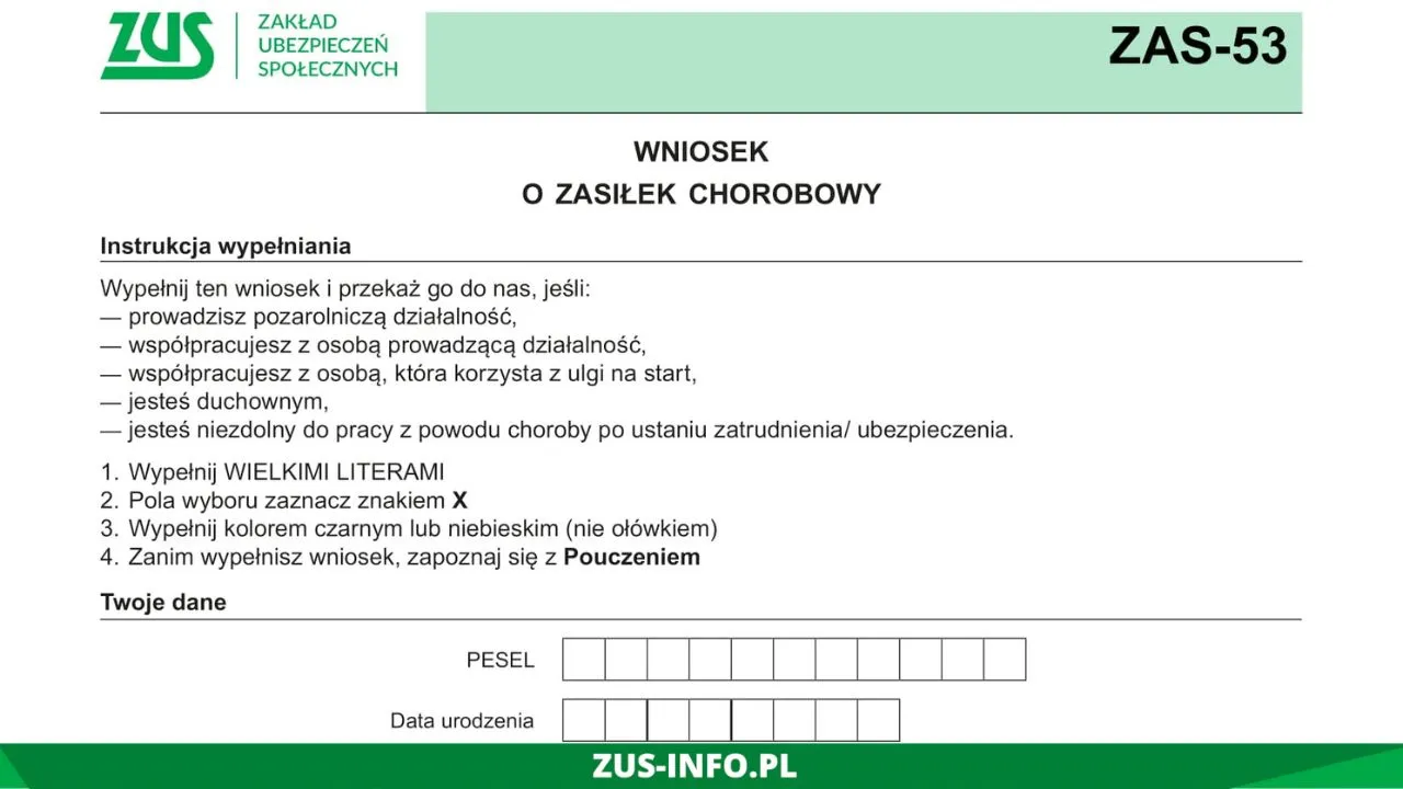 dokumenty ZUS zasiłek chorobowy