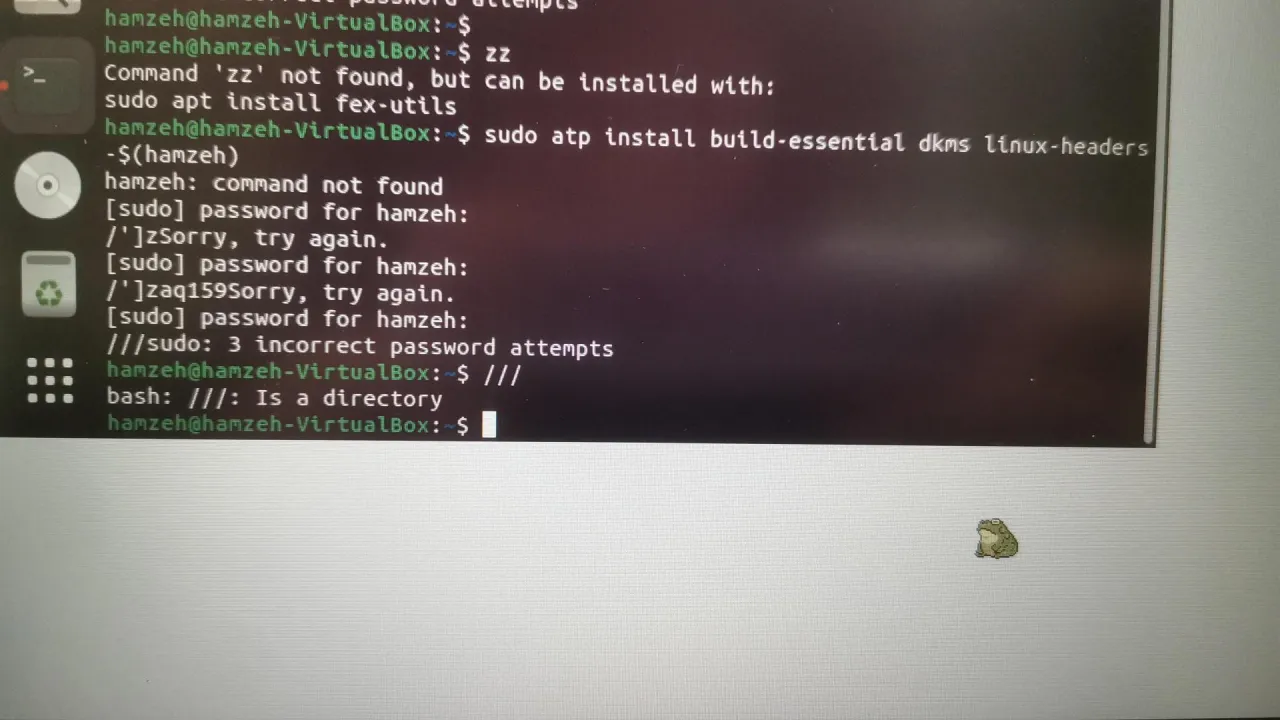 Terminal z poleceniem `sudo apt install build-essential dkms linux-headers` i błędami logowania.