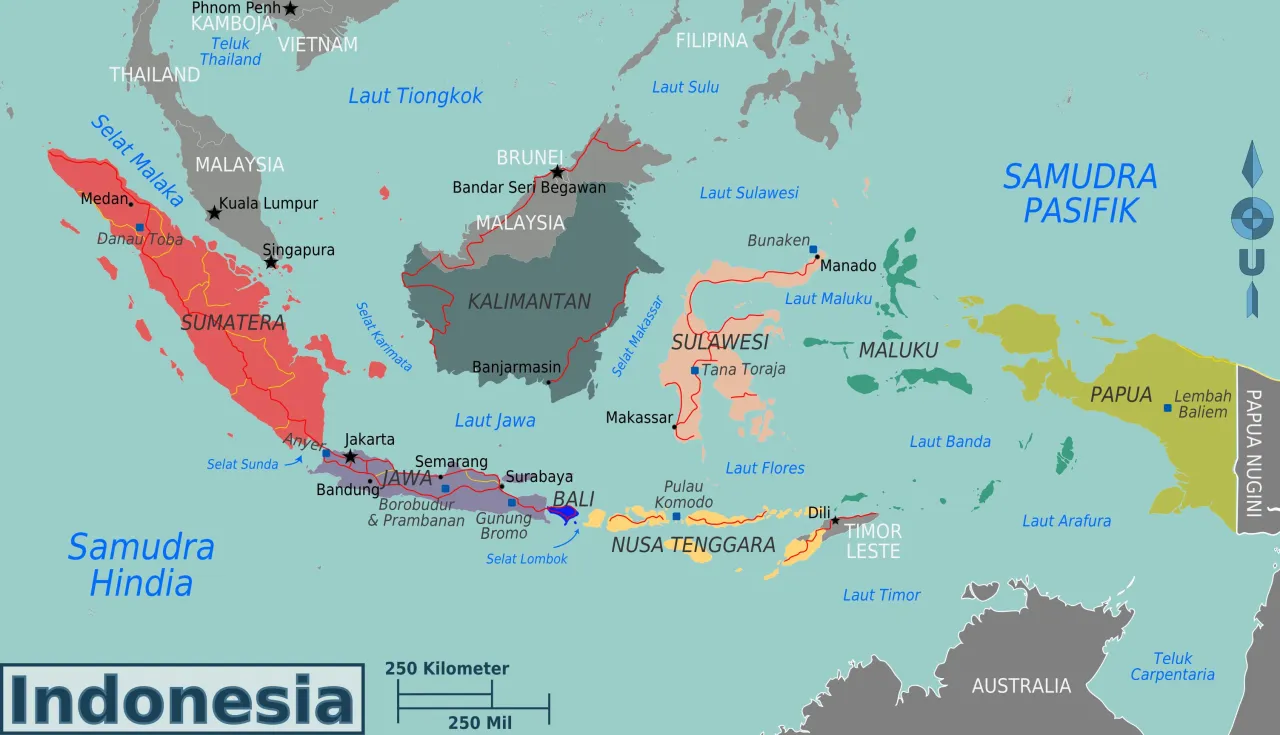 Mapa regionów Indonezji z zaznaczonymi obszarami ryzyka