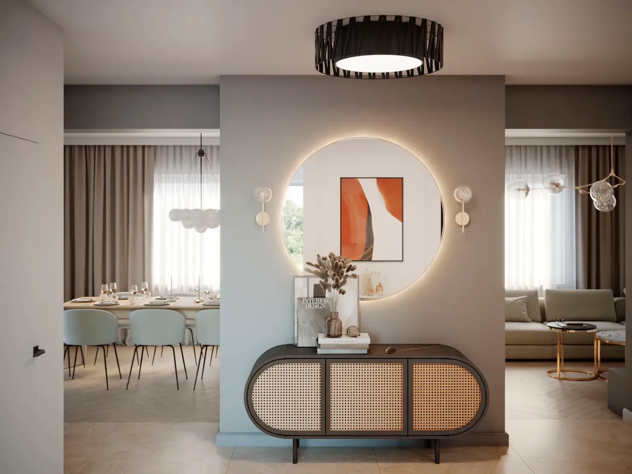 Przedpok&oacute;j z lustrem i jasnymi ścianami