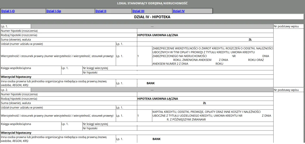 Dział IV Księgi Wieczystej przykład