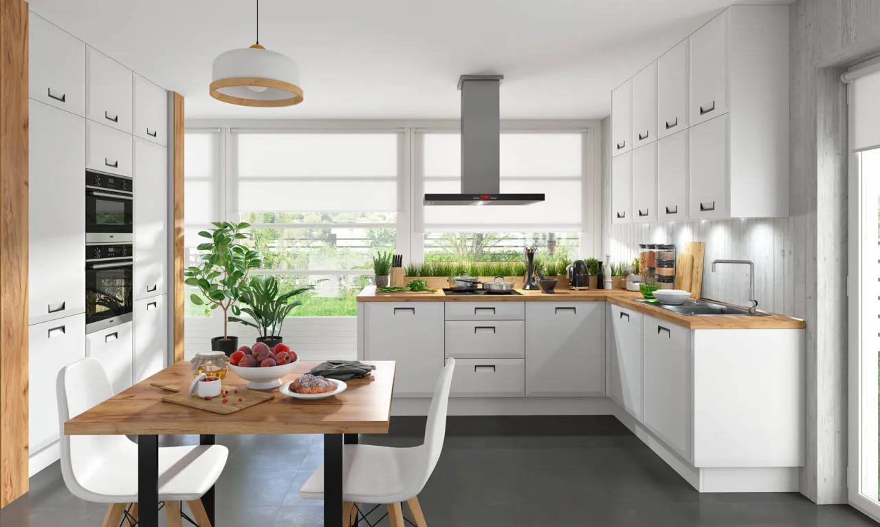 biała kuchnia drewniany blat inspiracje aranżacje