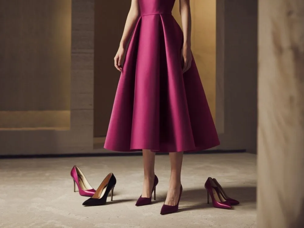 fuksjowa sukienka szpilki beżowe czarne białe stylizacje