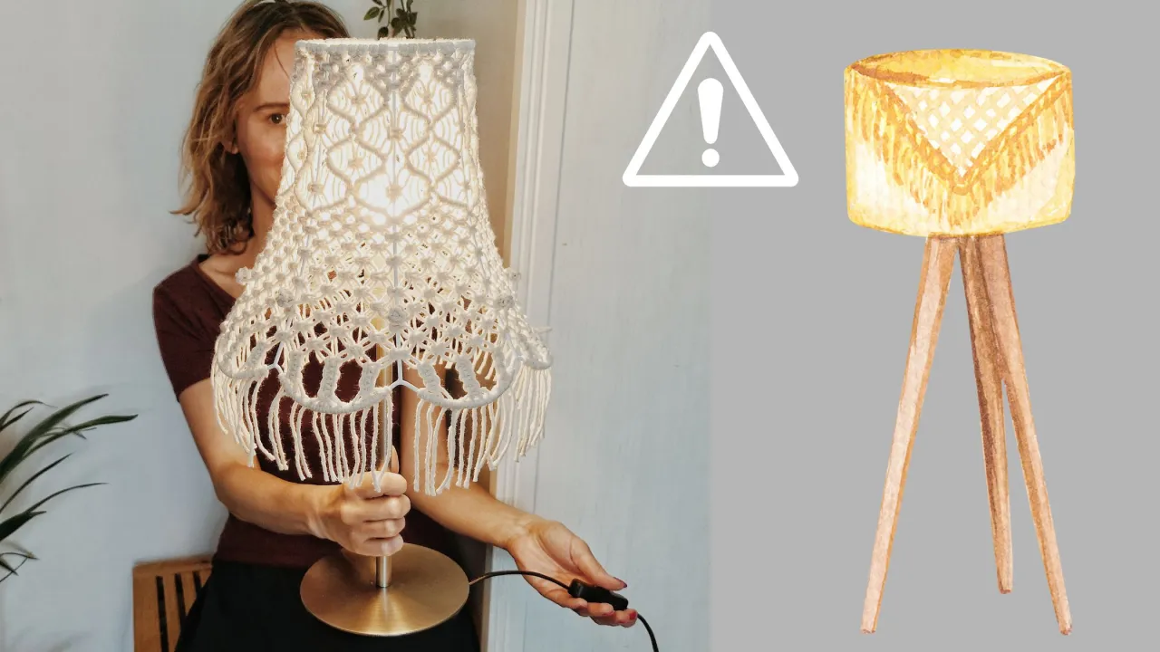 Kobieta trzyma lampę z abażurem makramowym. Obok ilustracja lampy w stylu boho. Dowiedz się, jak odnowić stary abażur.