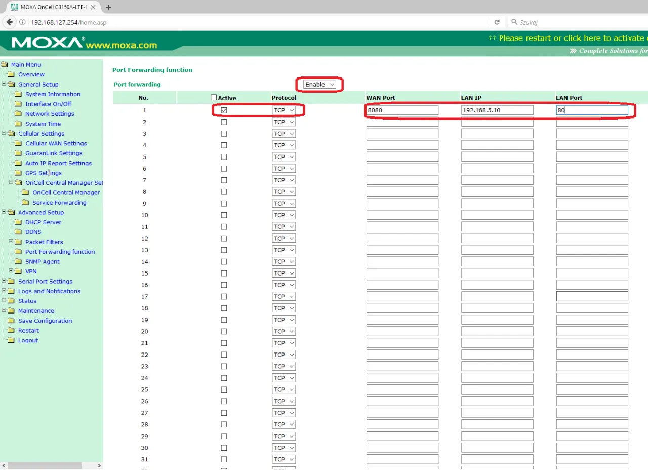 panel administracyjny routera port forwarding