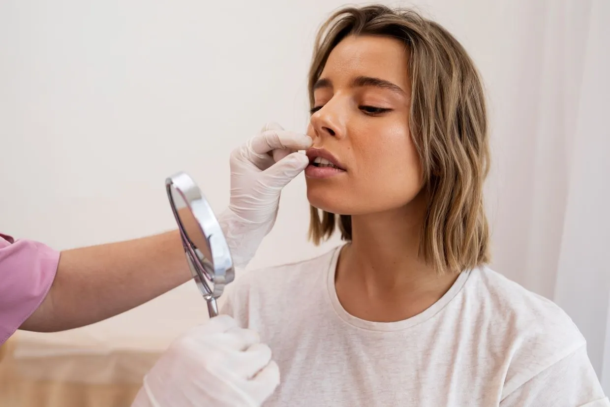 Kobieta stosująca zimne okłady na usta po zabiegu