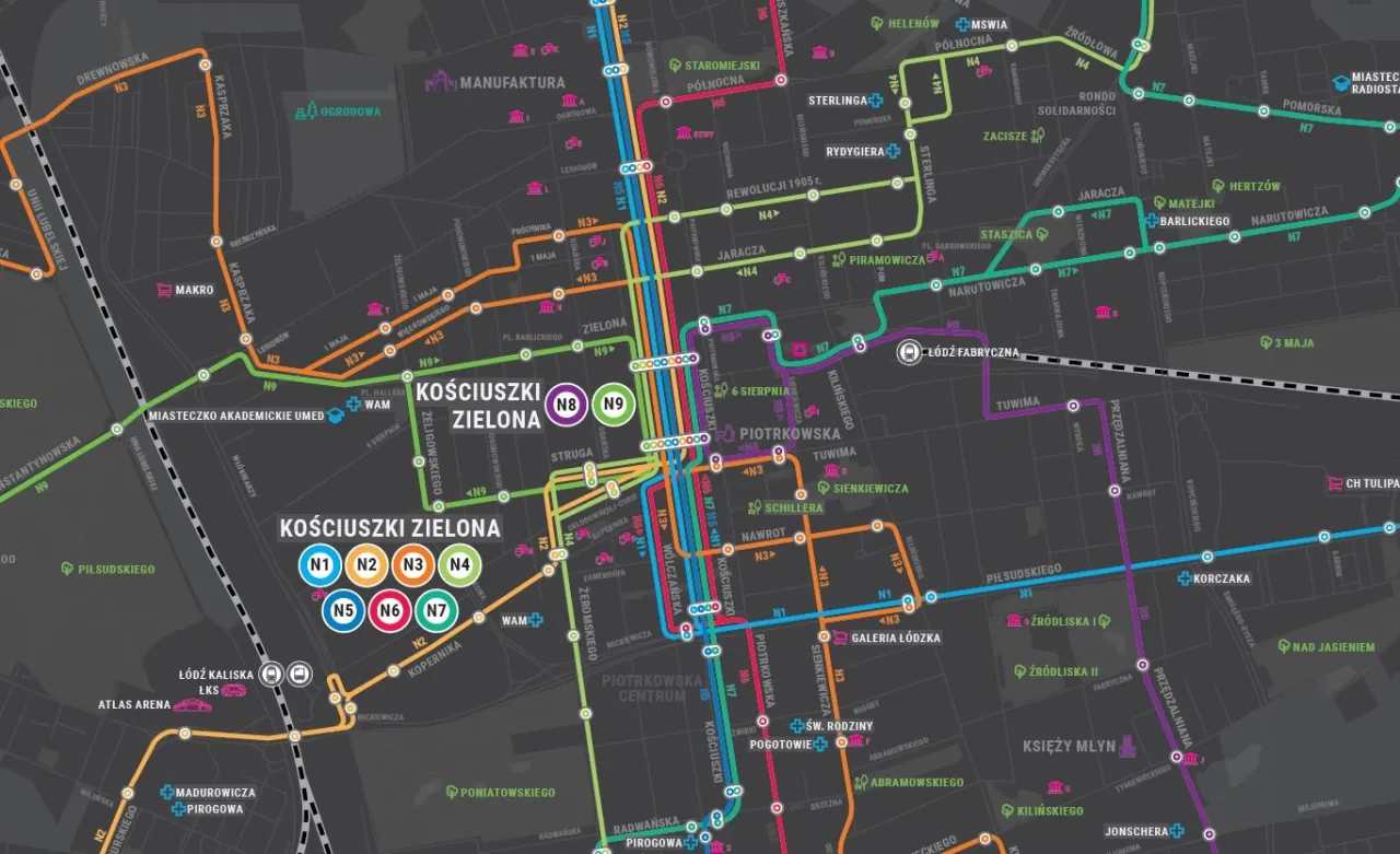 Mapa trasy autobusu 90 Łódź