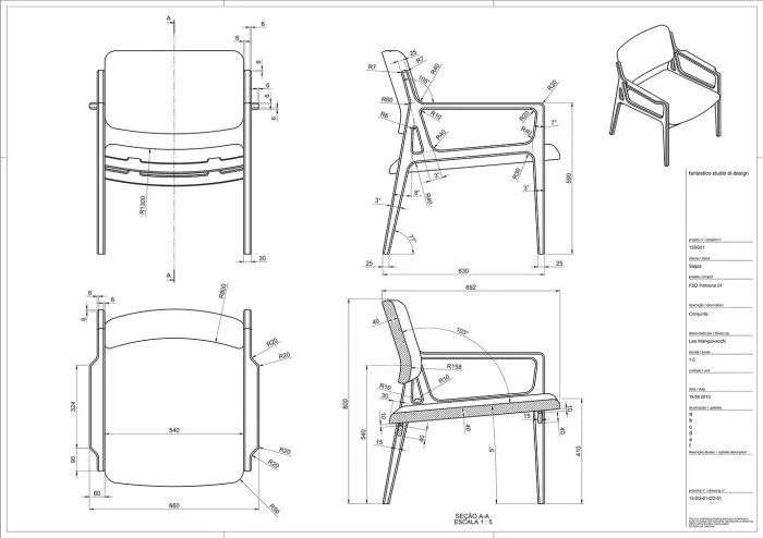 Prosty rysunek techniczny krzesła drewnianego z wymiarami