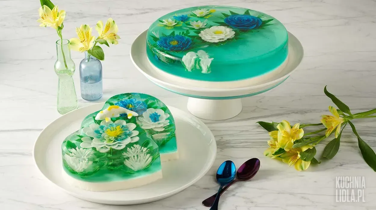efektowny deser jelly cake z kwiatami