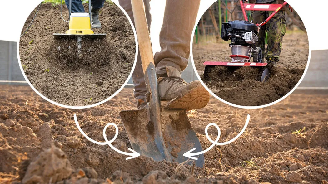 Osoba kopiąca łopatą i osoba używająca glebogryzarki, porównanie wysiłku