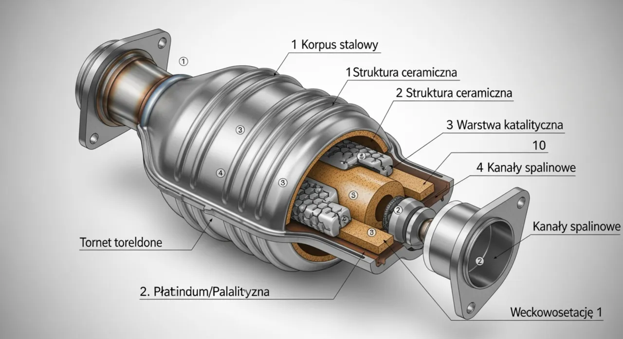 Przekr&oacute;j katalizatora samochodowego, pokazujący jego budowę i wyjaśniający, do czego służy katalizator: redukcja szkodliwych substancji w spalinach.