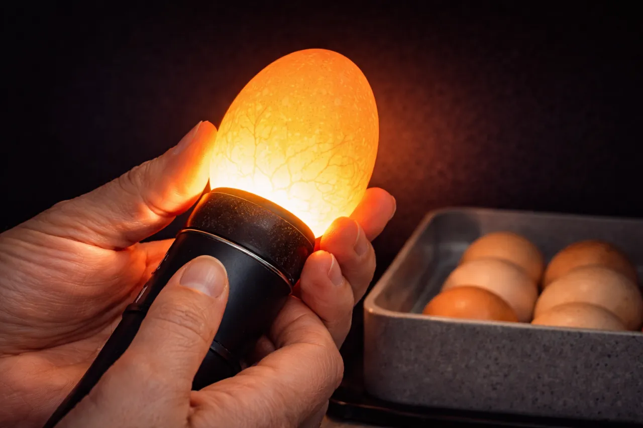 Sprawdzanie, jakie jajka do inkubatora nadają się najlepiej. Ręka trzyma jajko podświetlone od środka, widać naczynia krwionośne.