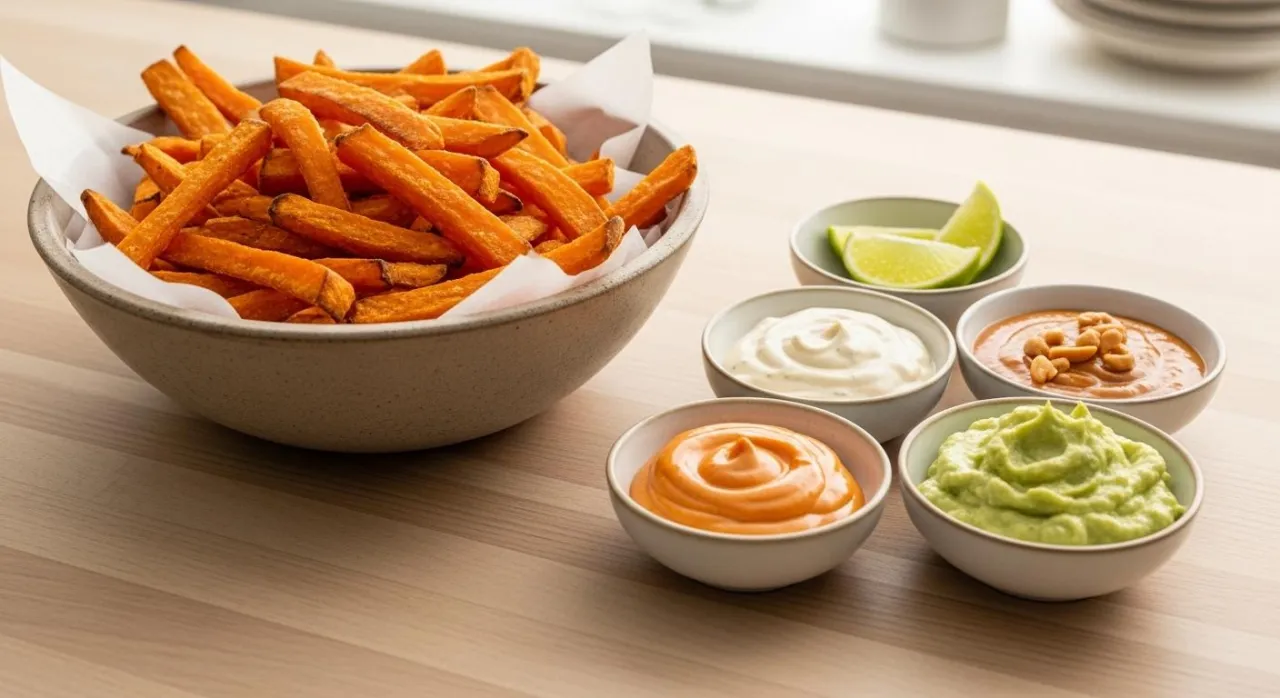 Różne sosy do frytek z batatów (np. czosnkowy, guacamole, mango-chilli)