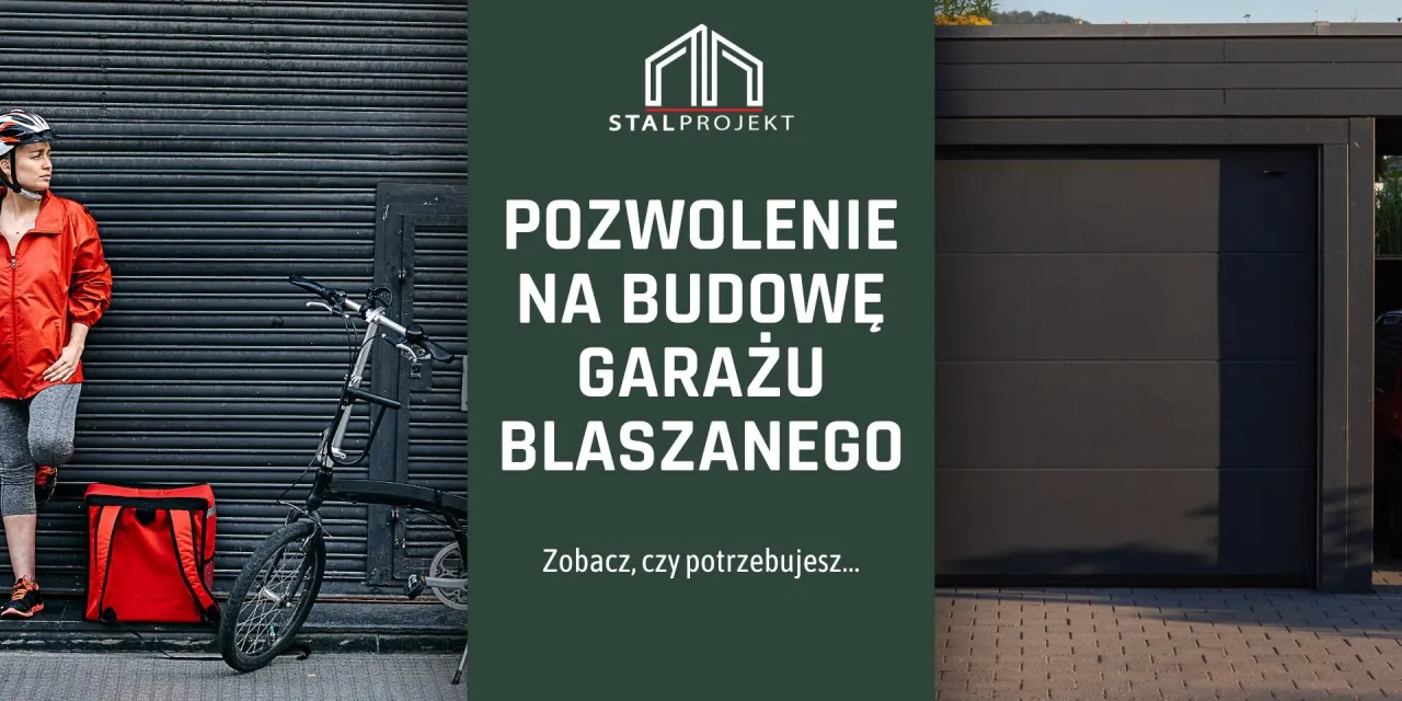 Kobieta w kasku i pomarańczowej kurtce obok roweru i torby. Tekst: Pozwolenie na budowę garażu blaszanego czy zgłoszenie?