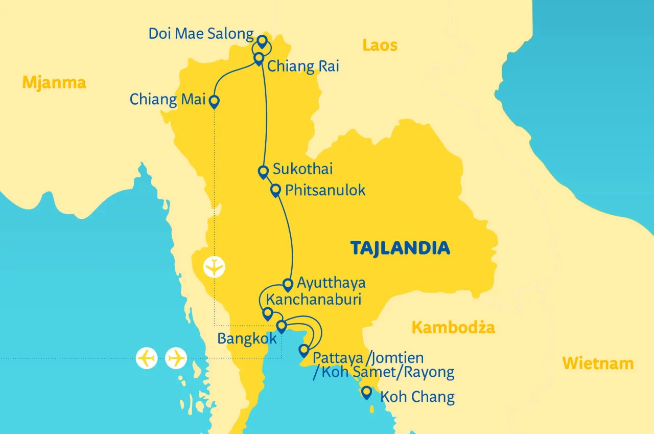 Mapa Tajlandii z zaznaczonymi miastami i trasami. Zastanawiasz się, ile trwa lot do Tajlandii?