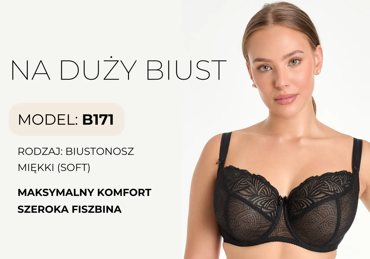 Czarny biustonosz z szeroką fiszbiną dla dużego biustu, model B171. Maksymalny komfort i wsparcie.