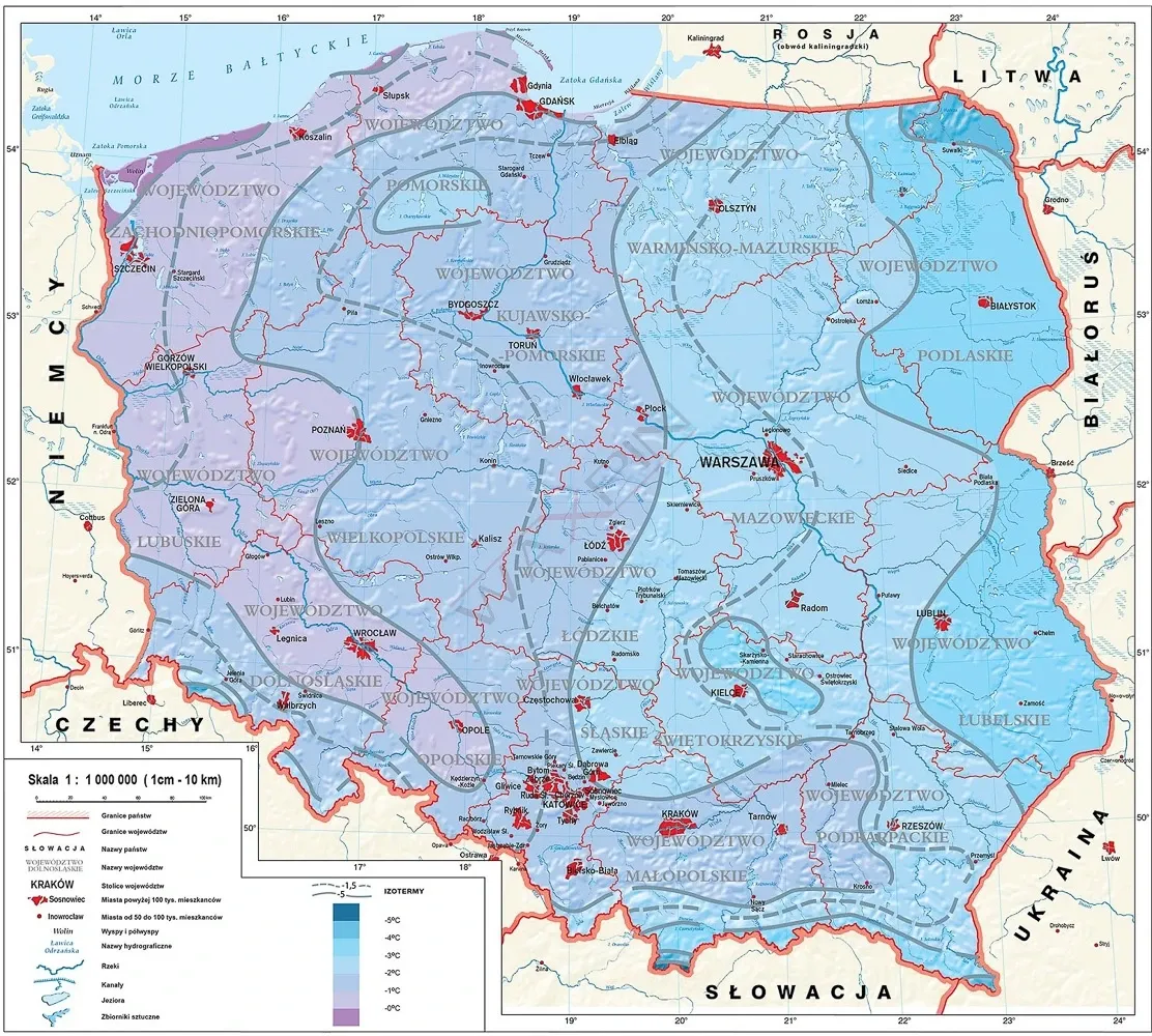Mapa Polski z zaznaczonym Szczecinem i strefą klimatyczną