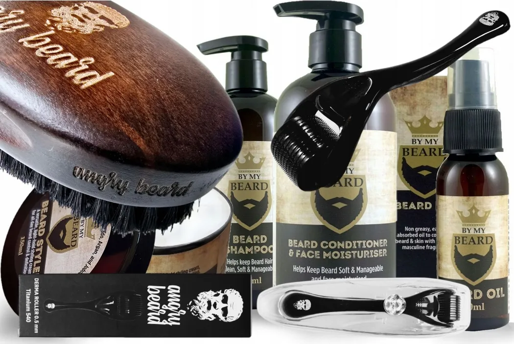 mężczyzna masujący brodę, olejki do brody, dermaroller