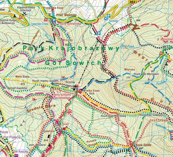 Mapa szlak&oacute;w turystycznych Wielka Sowa G&oacute;ry Sowie
