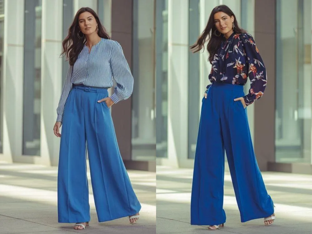 stylizacja z niebieskimi spodniami i modną bluzką