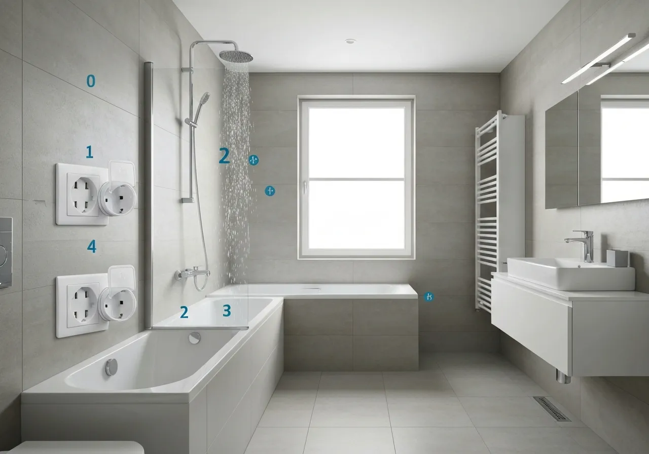 W łazience z wanną i prysznicem widać gniazdka elektryczne na zewnątrz. To pytanie: dlaczego włącznik światła w łazience jest na zewnątrz?