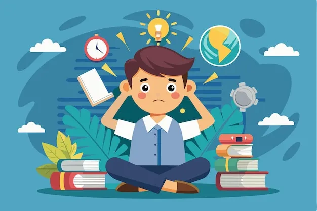 Uczeń z książkami i symbolami nauki