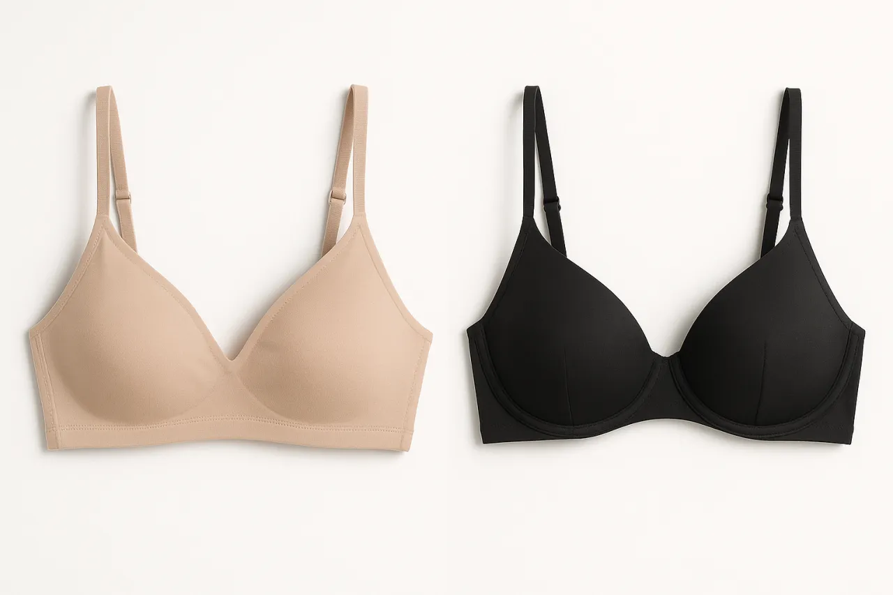 Dwa biustonosze: beżowy bez fiszbin&oacute;w i czarny z fiszbinami.