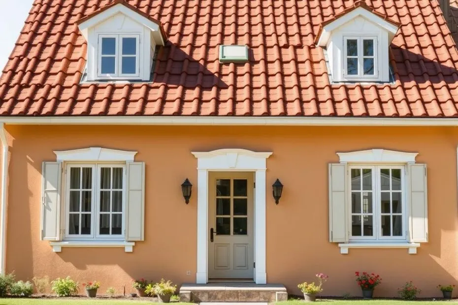 elewacja ciepłe beże brązowy dach białe okna