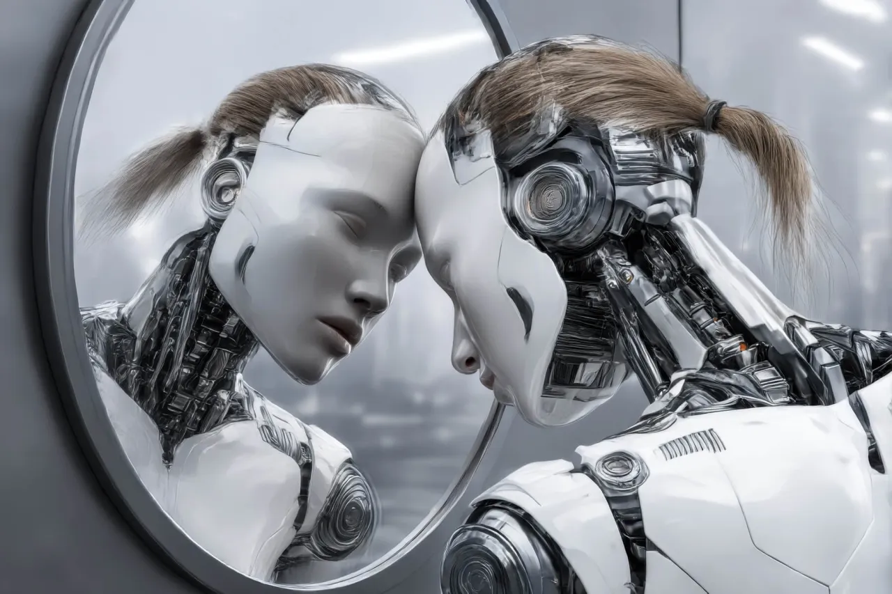 Robot z ludzką twarzą i widocznymi mechanizmami w lustrze. Czy sztuczna inteligencja ma świadomość?