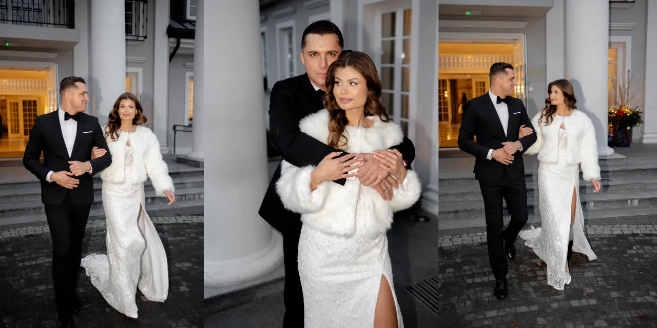 Panna młoda w futrzanej etoli lub wełnianym płaszczu ślubnym