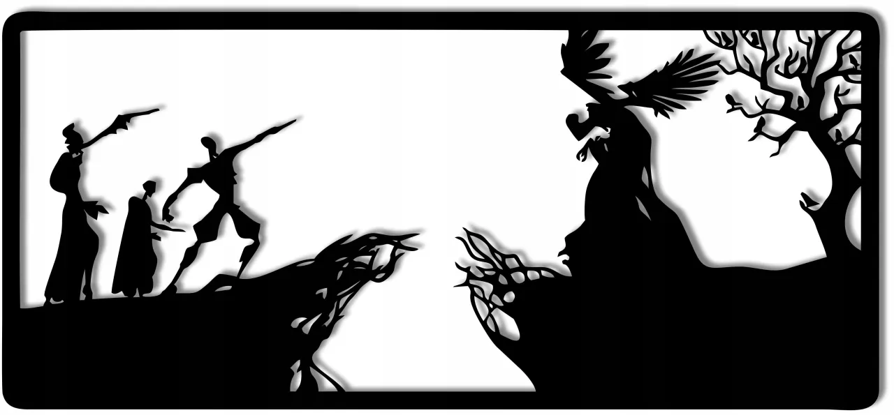 Czarno-biała grafika przedstawia scenę z baśni o trzech braciach. Na pierwszym planie trzej bracia, na drugim planie orzeł i drzewo.