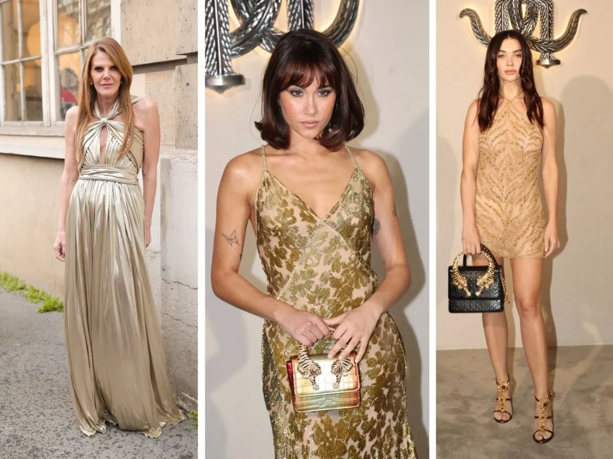 Złota sukienka i kolorowe buty stylizacje