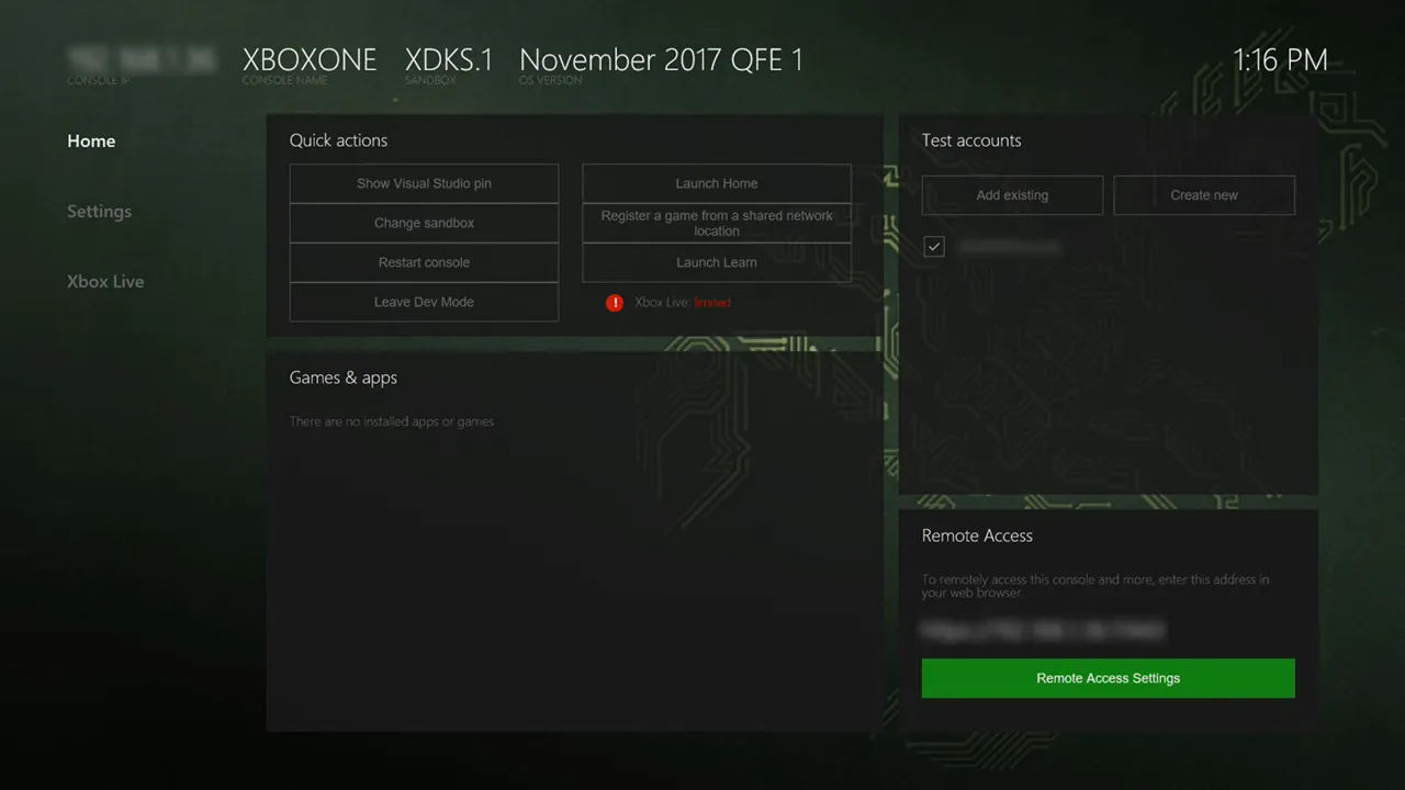 Xbox Device Portal interfejs