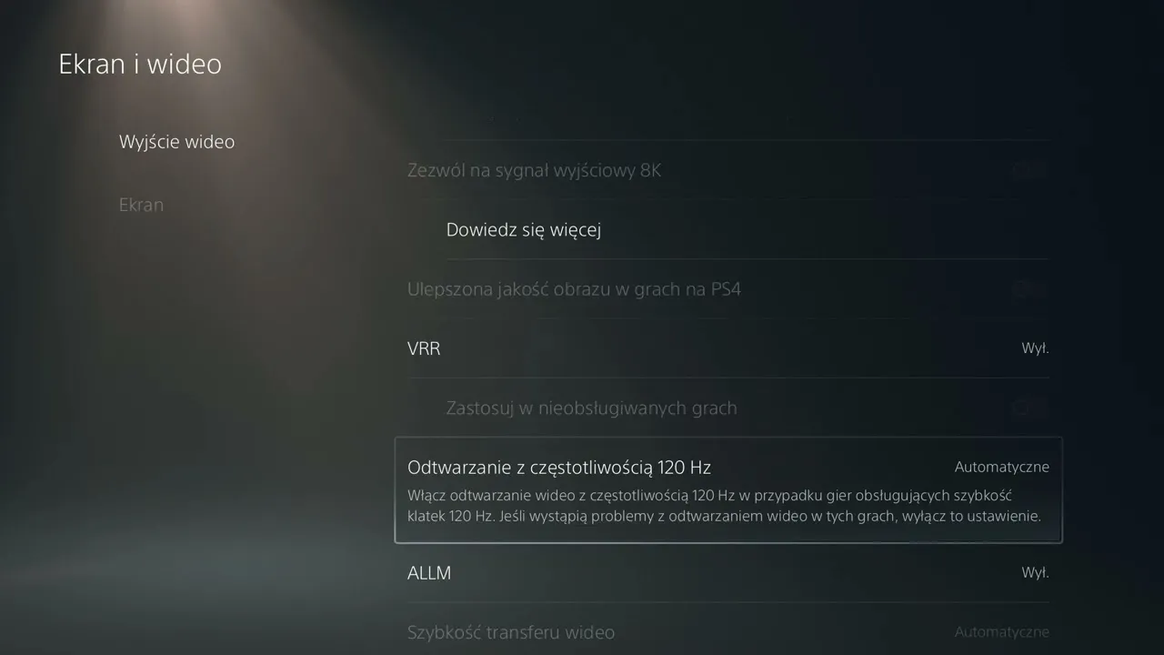 ustawienia ps5 ekran i wideo hdr 120hz