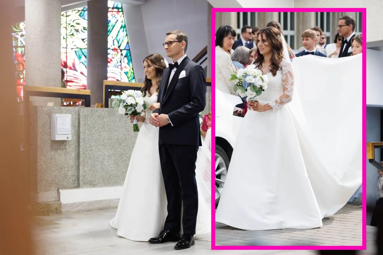 Panna młoda Aleksandra Morawiecka w sukni ślubnej z bukietem. Ile ma lat? Tego nie wiemy, ale wygląda pięknie.