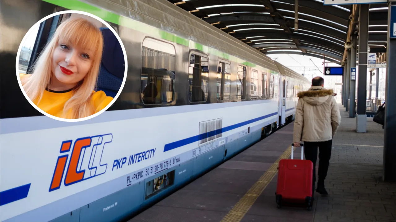 Kobieta z blond włosami i czerwonymi ustami uśmiecha się na tle pociągu PKP Intercity. Czy można kupić bilet w pociągu Intercity?