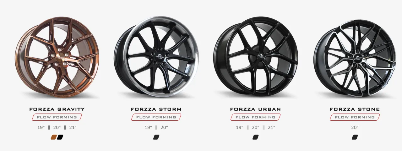 Cztery felgi aluminiowe Forzza: Gravity (miedziana), Storm (czarna z polerowanym rantem), Urban (czarna), Stone (czarno-srebrna). Dowiedz się, ile waży felga aluminiowa.