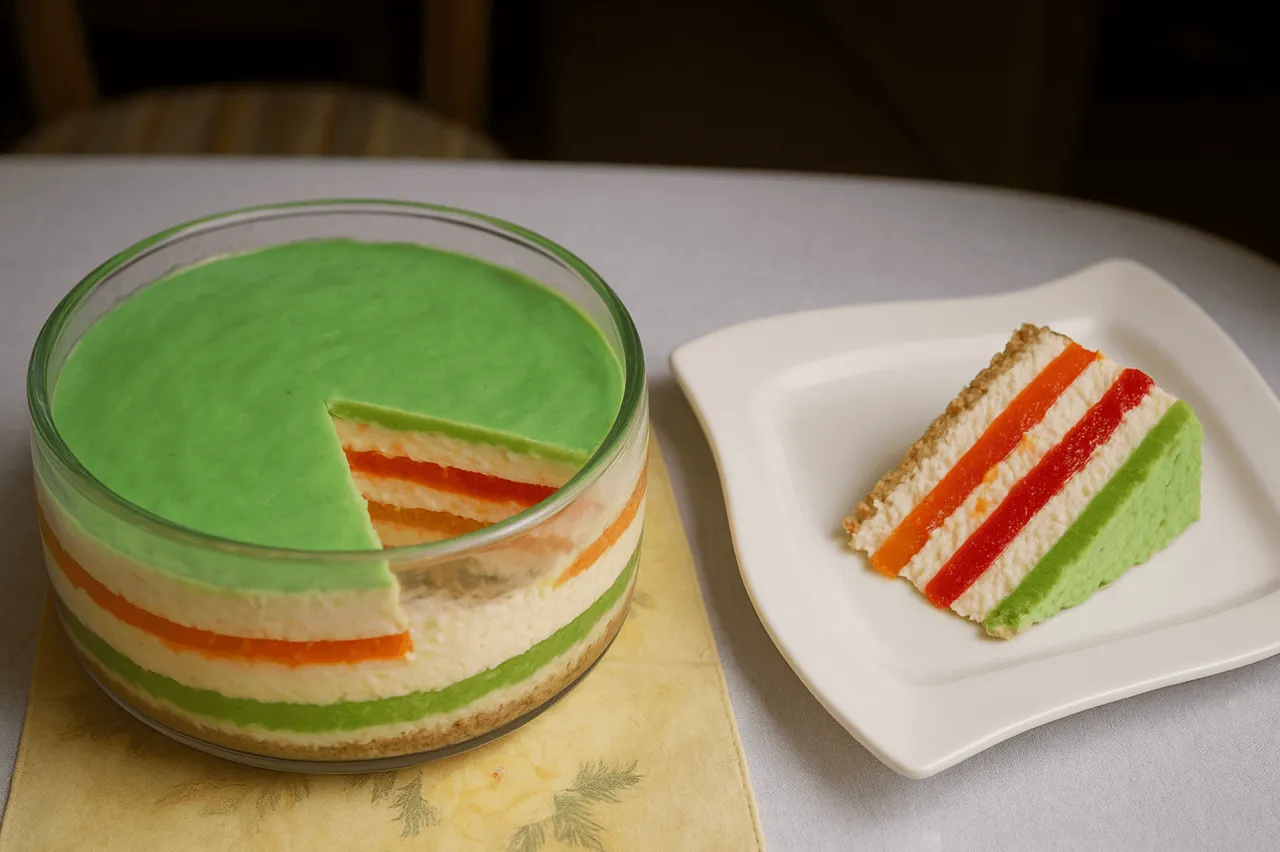 Kolorowy galaretkowiec z serkami homogenizowanymi, warstwowy deser w szklanej misie i na talerzyku.