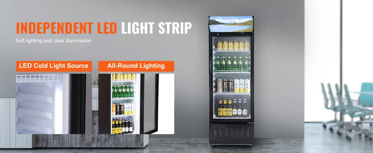 chłodziarka do napojów z oświetleniem LED i regulowanymi półkami