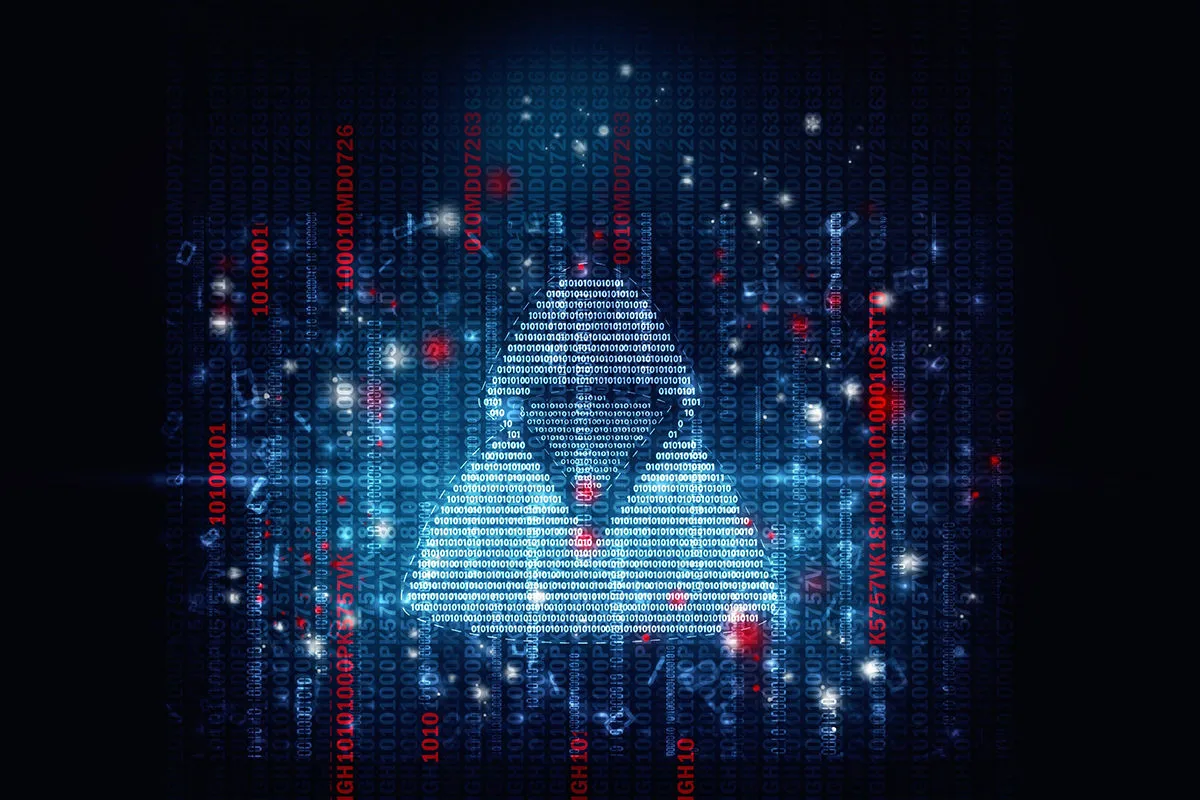 Tr&oacute;jkąt z kodu binarnego, symbolizujący exploit. Czerwone napisy sugerują zagrożenie.