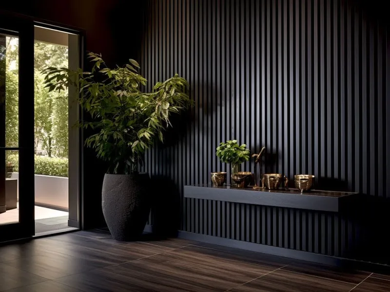 czarne meble ściana cegła beton lamele drewniane inspiracje