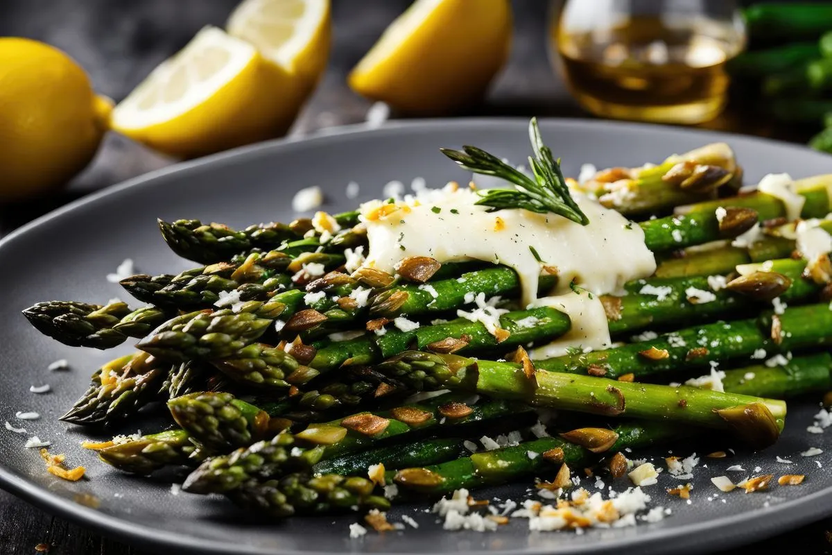 Pyszne szparagi z sosem, posypane parmezanem i migdałami. Idealny pomysł, jak przygotować szparagi na obiad.
