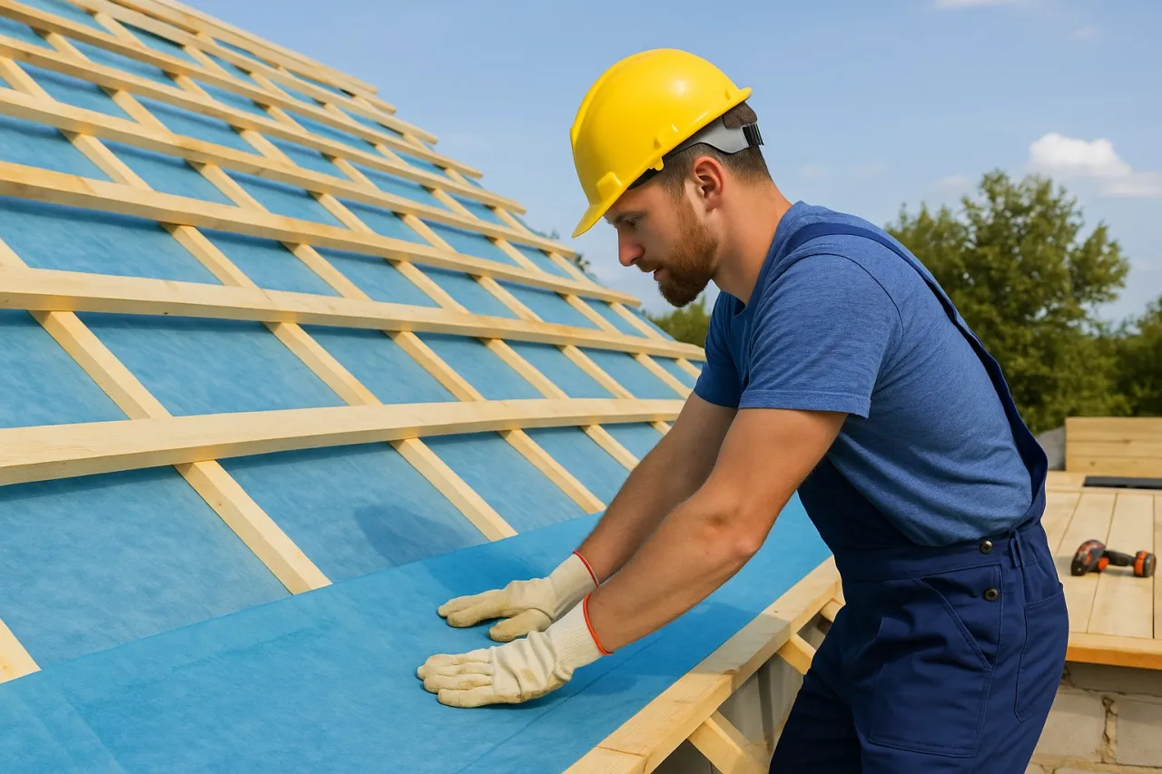 Budowlaniec w żółtym kasku układa niebieską membranę na drewnianej konstrukcji dachu. To kluczowy etap, by prawidłowo deskować dach pod blachodachówkę.