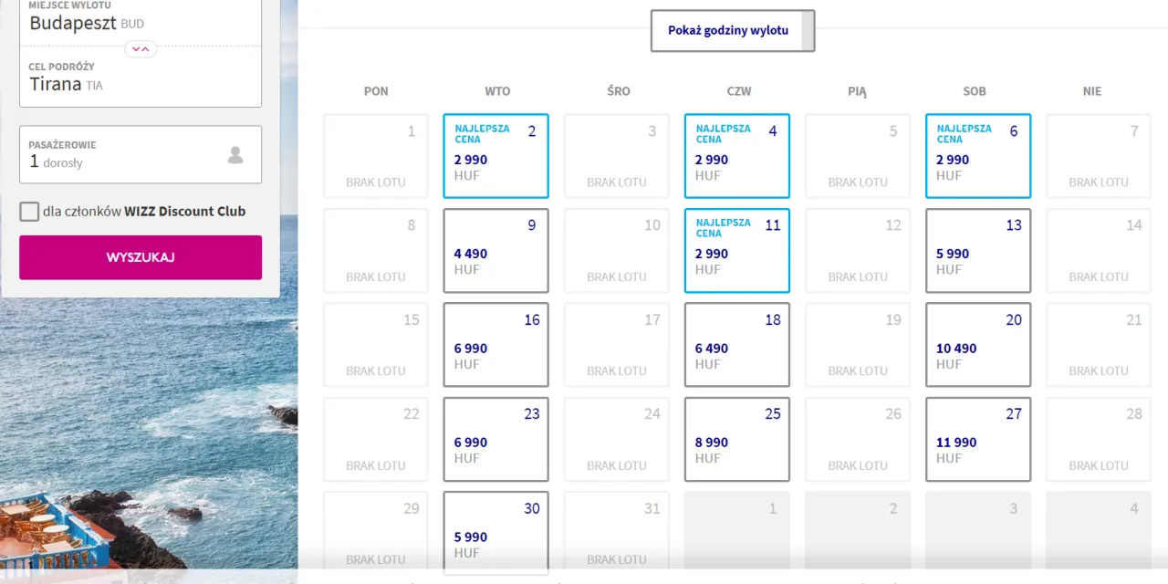 Szukasz tanich lot&oacute;w? Sprawdź kalendarz z cenami lot&oacute;w z Budapesztu do Tirany. Najlepsza cena to 2990 HUF.