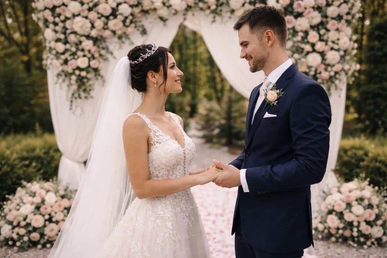 Para młoda pod kwiecistym łukiem. Zastanawiasz się, ile kosztuje talerzyk na weselu w 2026? Średnie ceny w różnych regionach mogą Cię zaskoczyć!