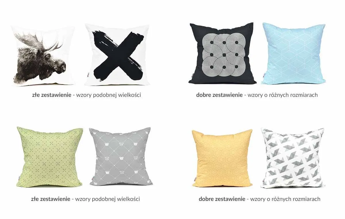 r&oacute;żne rozmiary i kształty poduszek dekoracyjnych na ł&oacute;żku