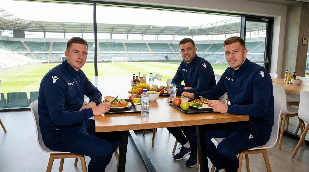 Piłkarze jedzą zdrowe posiłki, by mieć siłę na mecz. Na stołach owoce, warzywa i dania gł&oacute;wne. Idealne co zjeść przed meczem piłki nożnej.